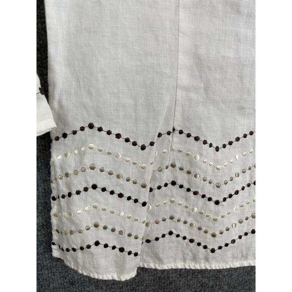 e-coi-o-gie Linen Top Women's Sz Small White w Brown, Gold, and White Embroider - Picture 6 of 9